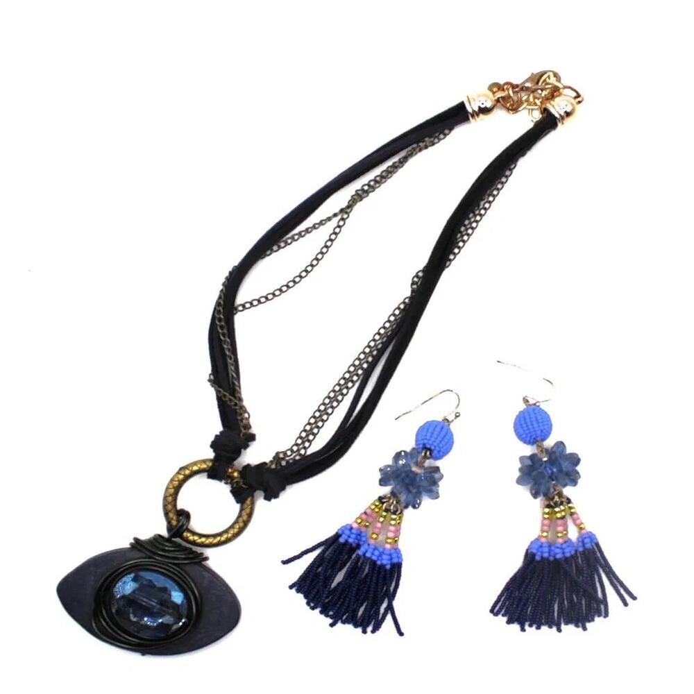 DARK BLUE  BEADED NECKLACE AND MATCHING EARRING SET